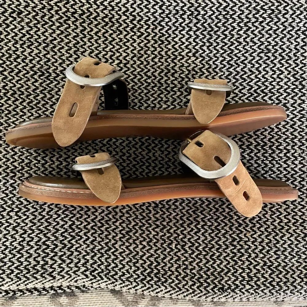 RAG & BONE ANSLEY DOUBLE SUEDE STRAP LEATHER SLIDE TAN SILVER
BUCKLES Sz-39/9 - Picture 5 of 9